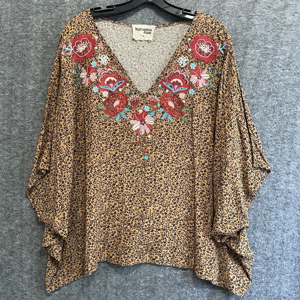 Savanna Jane Top Women 1X Leopard Floral‎ Boxy Embroidered Boho Peasant Hippie